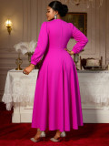 Plus-size Women rose beaded tassel long-sleeved elegant V-neck dress