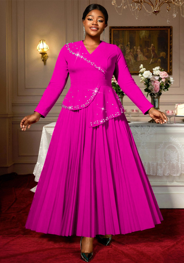 Plus-size Women turndown collar, rose beaded pleated ruffle dress