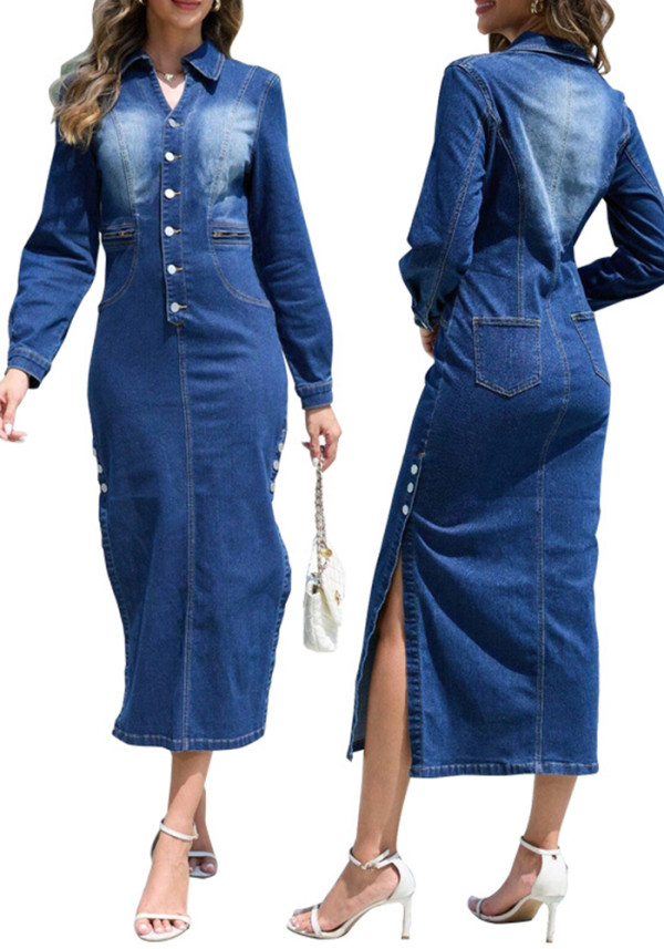 Women Denim Slit Long-Sleeve Dress