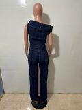 Women Casual Strapless Offset Shoulder Denim Jumpsuit