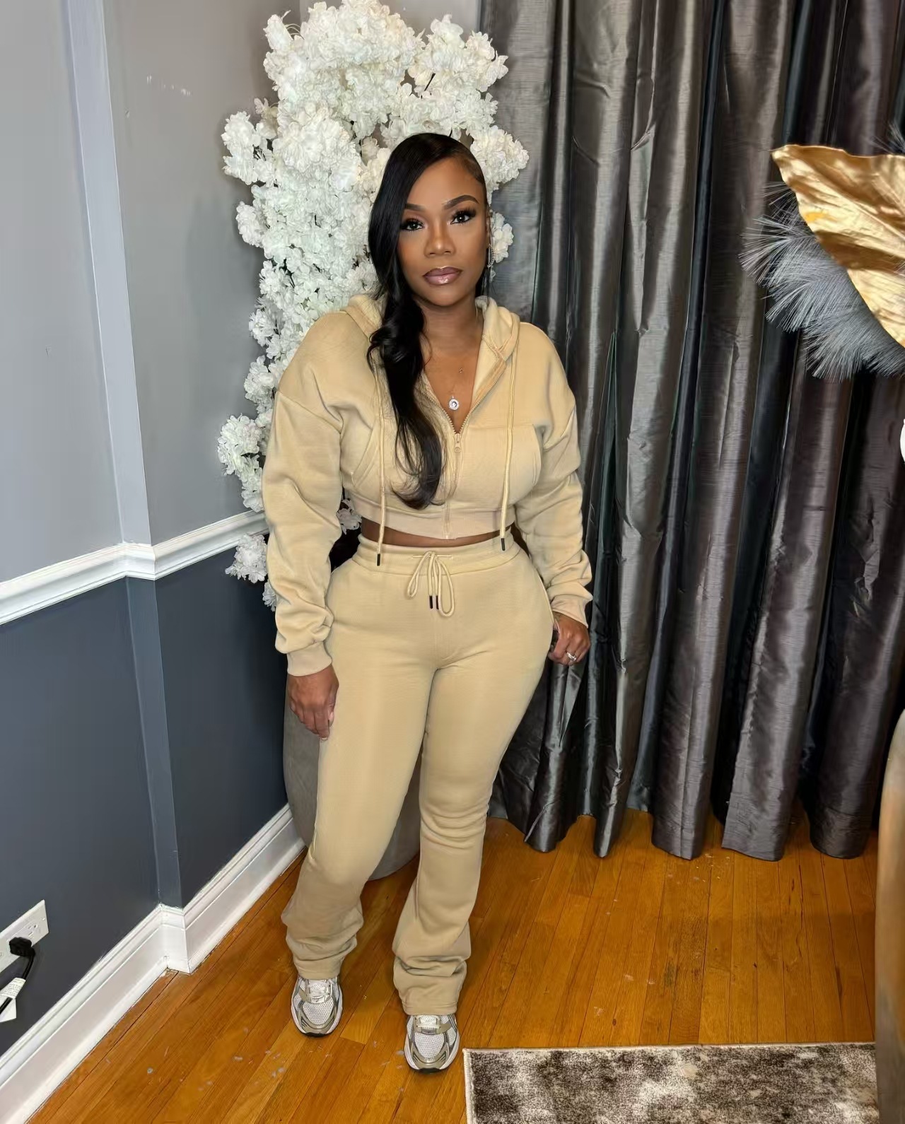 Women Fall/Winter Hooded Long-Sleeved Zipper Hoodies and Casual Pants Two-Piece Set