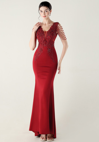 Women satin beaded appliquéd herringbone lace-up formal party dress