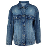 Women Long-Sleeve Ripped Denim Jacket