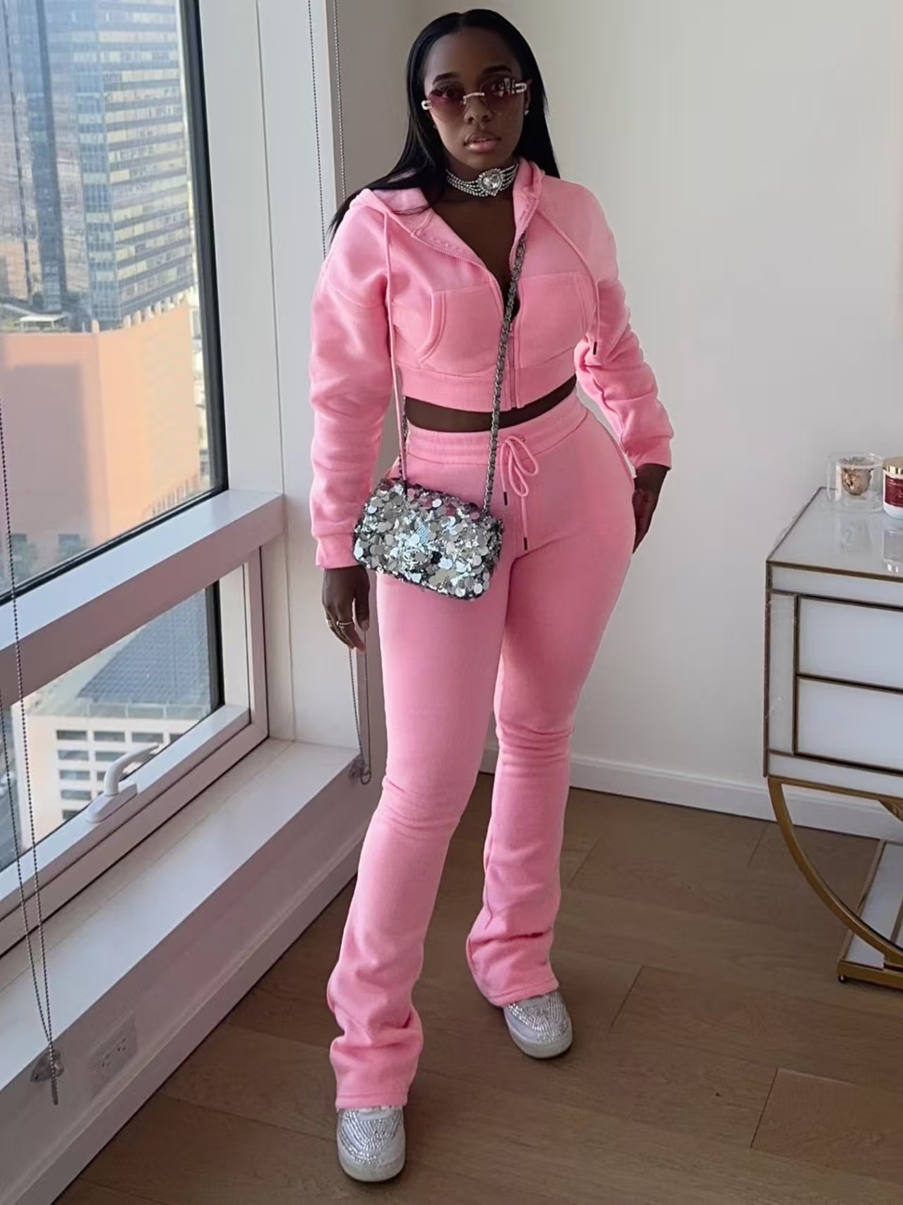 Women Fall/Winter Hooded Long-Sleeved Zipper Hoodies and Casual Pants Two-Piece Set