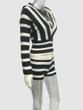Women Fall Hooded Long-Sleeved Striped Contrast Top and Shorts Two-Piece Set