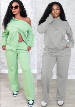 Women off-the-shoulder zippered casual long-sleeved top and wide-leg pants two-piece set