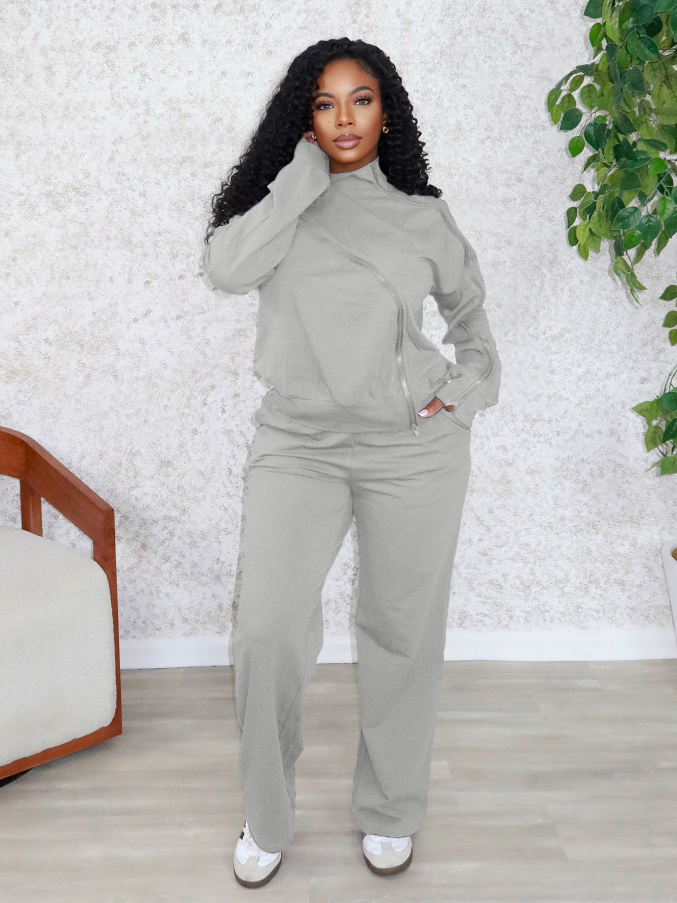 Women off-the-shoulder zippered casual long-sleeved top and wide-leg pants two-piece set
