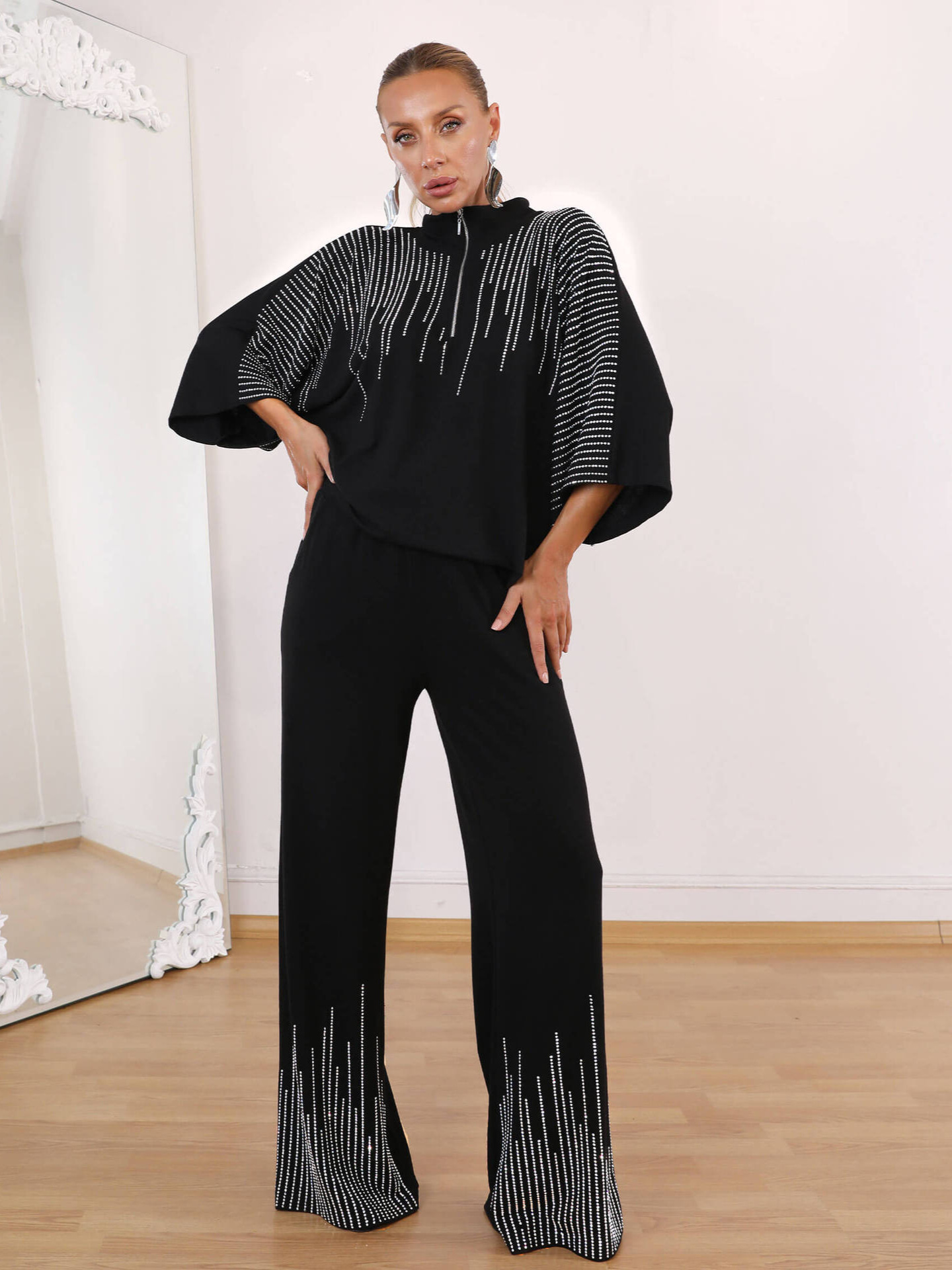 Women Fall Beaded Top and Casual Wide-Leg Pants Two-Piece Set
