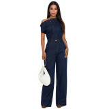 Women Casual Strapless Offset Shoulder Denim Jumpsuit
