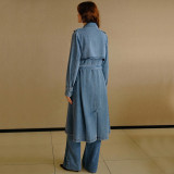 Women Elegant Belted Denim Trench Coat