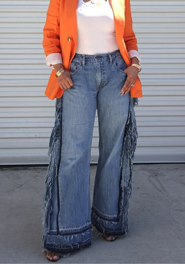 Women Patchwork Tassel Washed Denim Pants