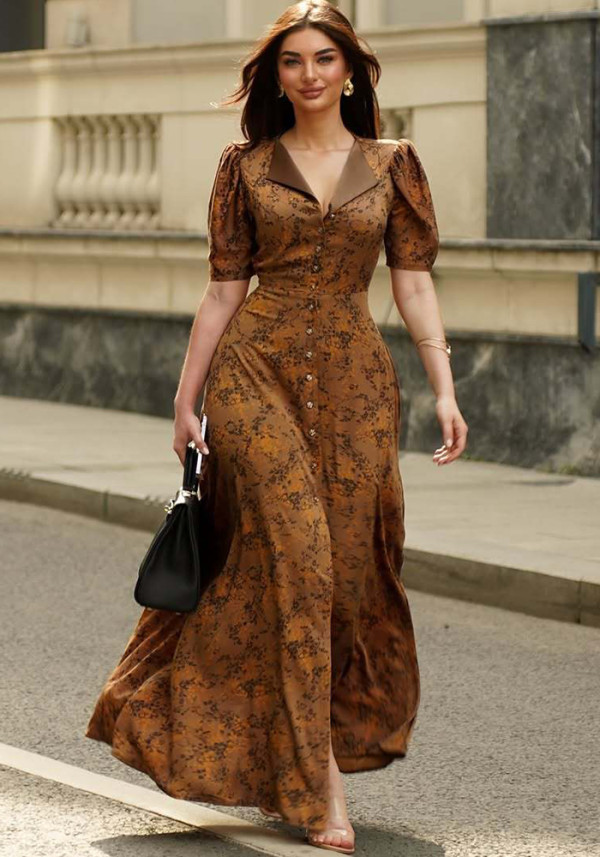 Women Turndown Collar Lace-Up Dress