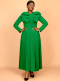Plus-size Women green large bow pleated long-sleeved elegant dress