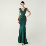 Women satin beaded appliquéd herringbone lace-up formal party dress