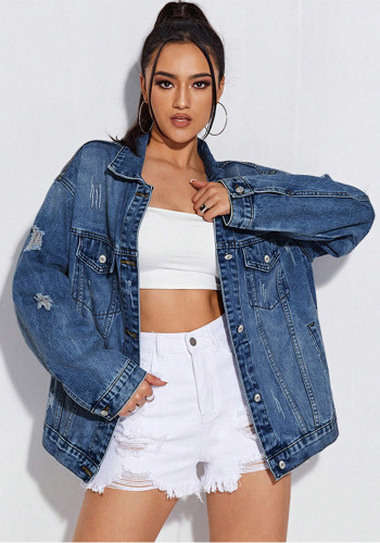 Women Long-Sleeve Ripped Denim Jacket
