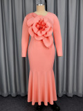 Plus-size Women pink floral long-sleeved elegant dress