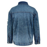 Women Long-Sleeve Ripped Denim Jacket