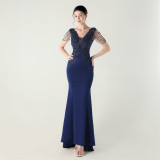 Women satin beaded appliquéd herringbone lace-up formal party dress