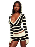 Women Fall Hooded Long-Sleeved Striped Contrast Top and Shorts Two-Piece Set