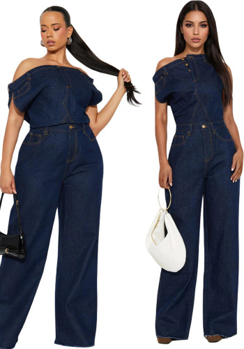 Women Casual Strapless Offset Shoulder Denim Jumpsuit