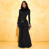 Women Long-Sleeved Metallic Ribbon Gathered Elegant Maxi Dress