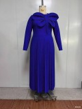 Plus-size Women green large bow pleated long-sleeved elegant dress