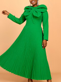 Plus-size Women green large bow pleated long-sleeved elegant dress