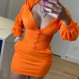 Women casual solid hooded long-sleeved dress with side pockets