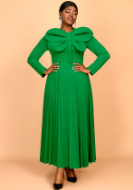 Plus-size Women green large bow pleated long-sleeved elegant dress
