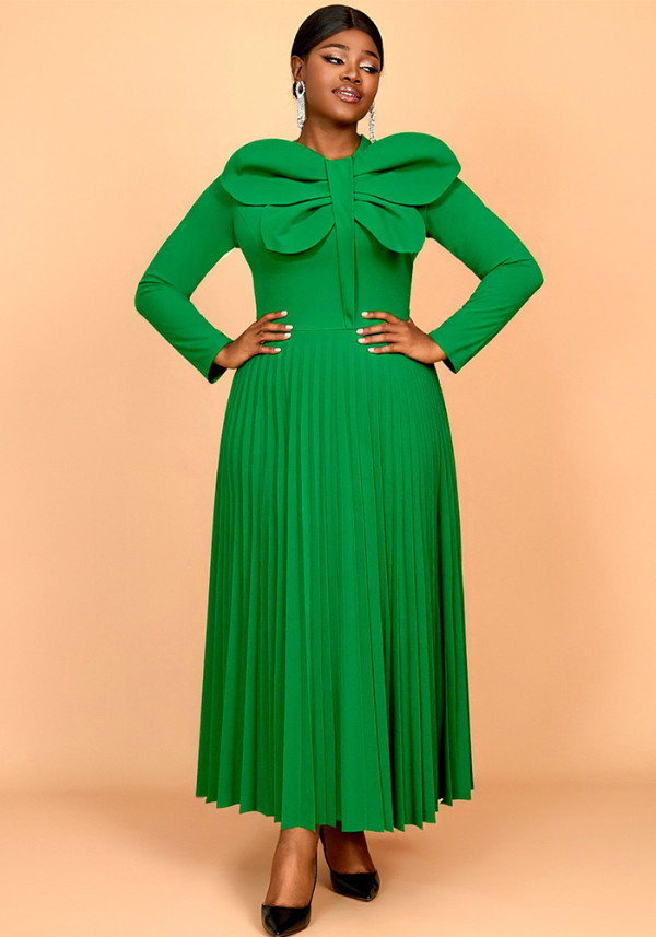 Plus-size Women green large bow pleated long-sleeved elegant dress