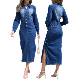 Women Denim Slit Long-Sleeve Dress
