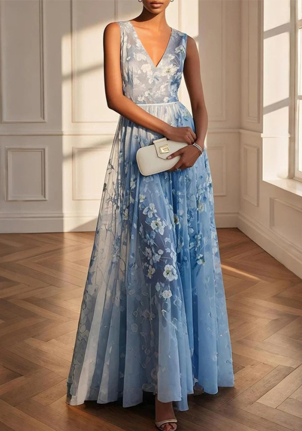 Women Prom Elegant Print Sleeveless Maxi Dress