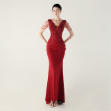 Women satin beaded appliquéd herringbone lace-up formal party dress