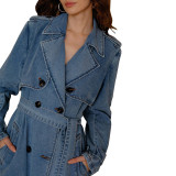 Women Elegant Belted Denim Trench Coat
