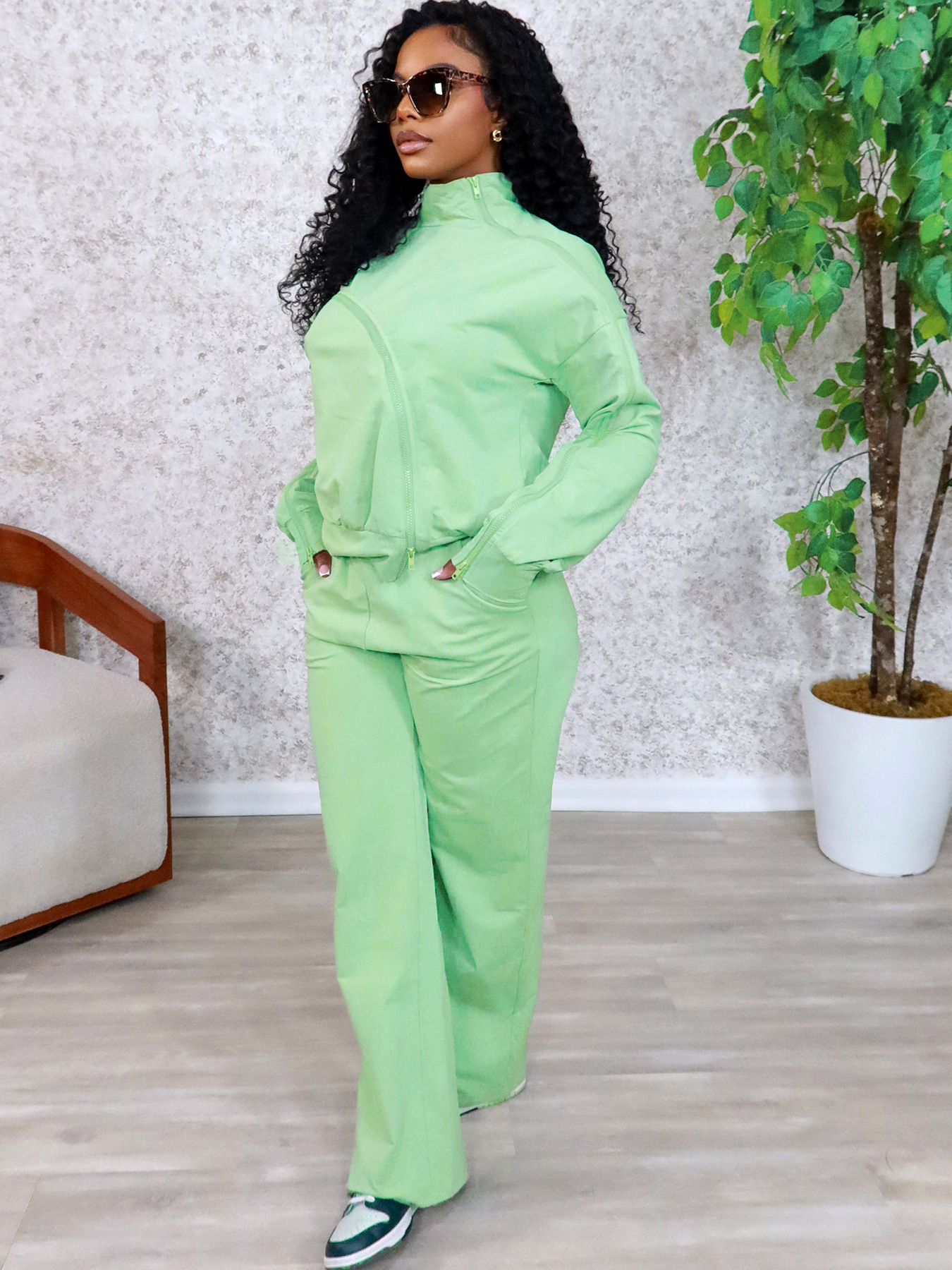 Women off-the-shoulder zippered casual long-sleeved top and wide-leg pants two-piece set