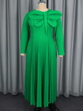 Plus-size Women green large bow pleated long-sleeved elegant dress