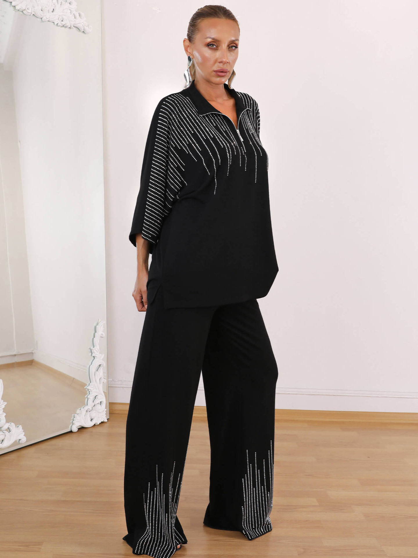 Women Fall Beaded Top and Casual Wide-Leg Pants Two-Piece Set