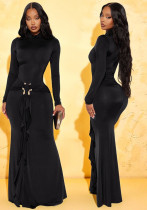 Women Long-Sleeved Metallic Ribbon Gathered Elegant Maxi Dress