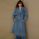 Women Elegant Belted Denim Trench Coat