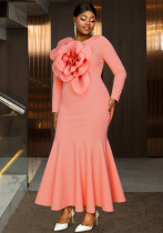 Plus-size Women pink floral long-sleeved elegant dress