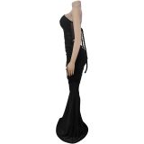 Women's Fashion Sexy Slash Shoulder See-Through Mesh Low Back Dress