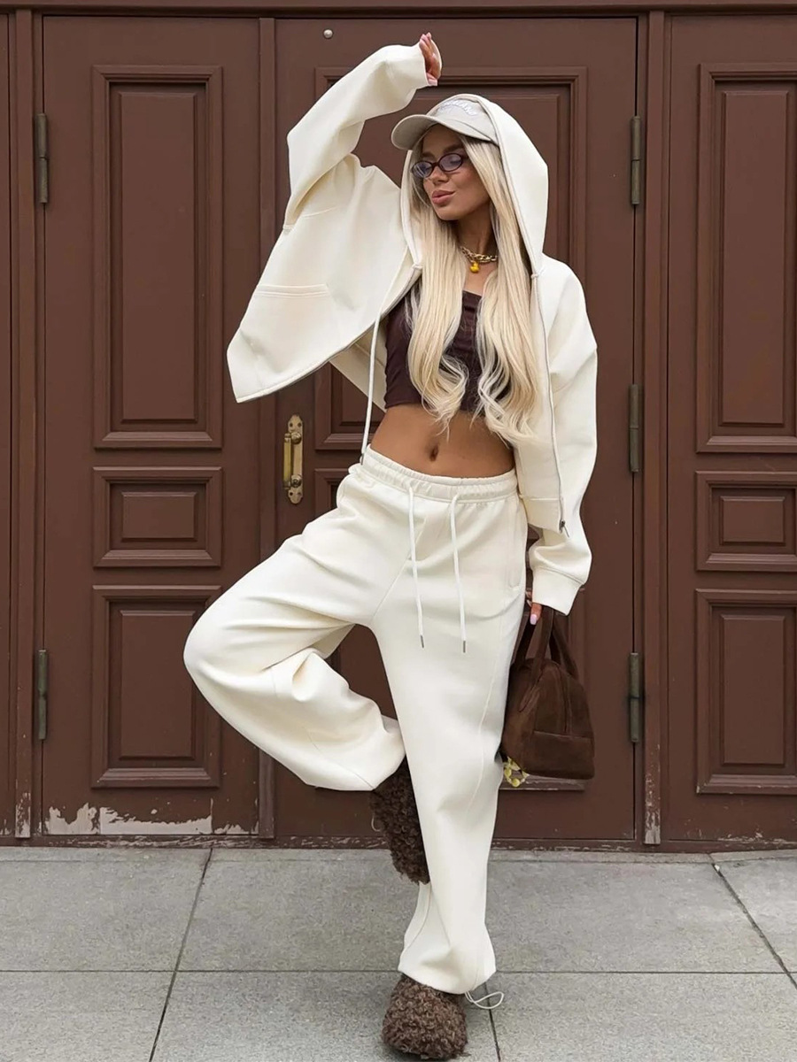 Women's Autumn Winter Zipper Hoodies Wide Leg Pants Set