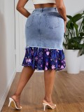 Women's Plus Size Fashion Floral Patchwork Denim Skirt