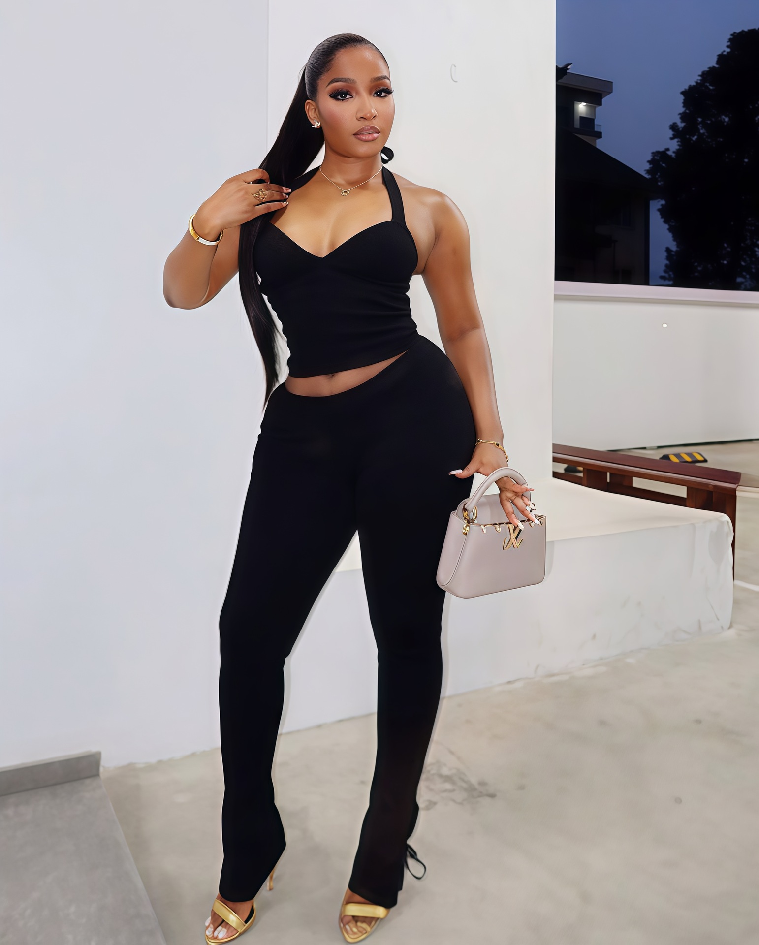 Women's Autumn Casual Solid Color Sleeveless Halter Neck Tight Fitting Pants Set