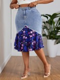 Women's Plus Size Fashion Floral Patchwork Denim Skirt