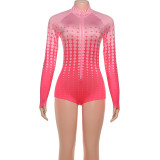 Women's Autumn Winter Fashion Print Long Sleeve Stand Collar Zipper Slim Jumpsuit