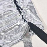 Women's Sexy Metallic Long Sleeve Crop Top Lace-Up Skirt Set