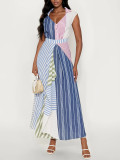 Women's Style Color Block Patchwork Striped V-Neck Slim Waist Dress