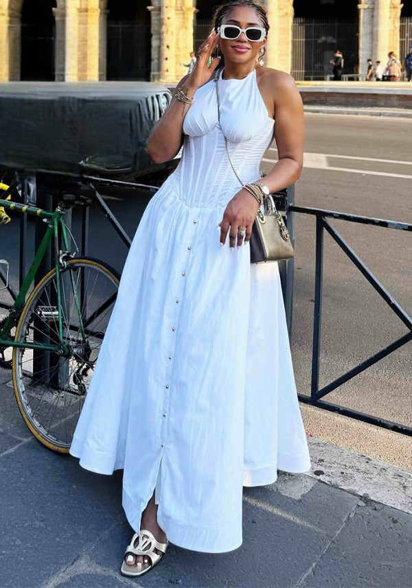 Women's African Chic Slim Waist White Button Front Maxi Dress