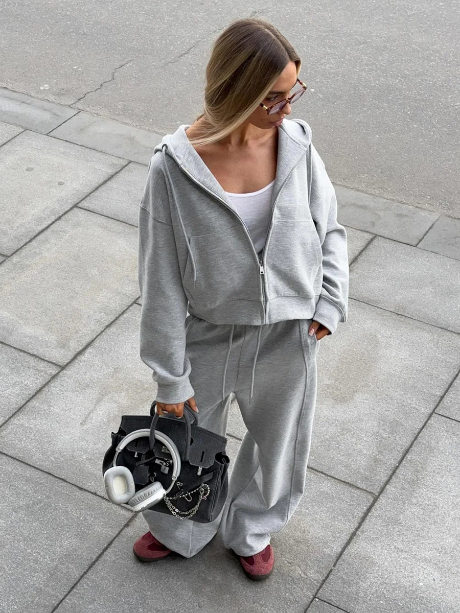 Women's Autumn Winter Zipper Hoodies Wide Leg Pants Set